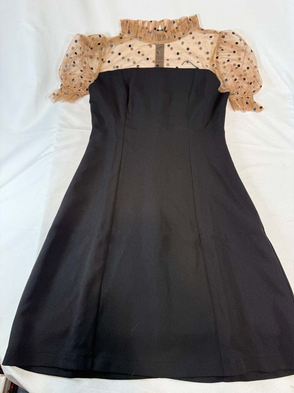 Liin Clothing Womens Polka Dot Mesh Puff Sleeve Black Fit and Flare Dress Size S